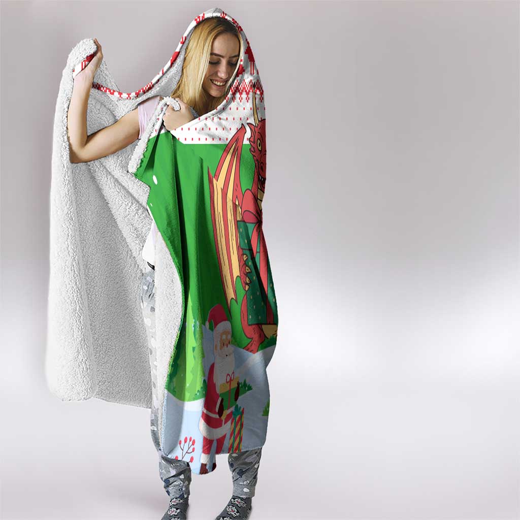Wales Christmas Hooded Blanket with Red Dragon Gift and Holiday Crest Snow Scene - Wonder Print Shop