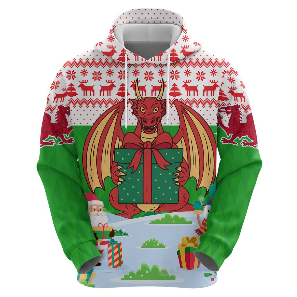 Wales Christmas Hoodie with Red Dragon Gift and Holiday Crest Snow Scene - Wonder Print Shop