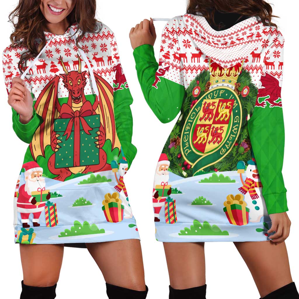 Wales Christmas Hoodie Dress with Red Dragon Gift and Holiday Crest Snow Scene - Wonder Print Shop