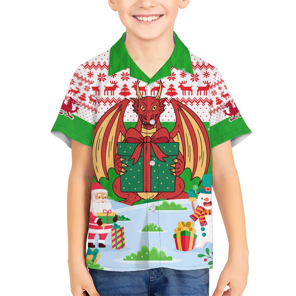 Wales Christmas Kid Hawaiian Shirt with Red Dragon Gift and Holiday Crest Snow Scene - Wonder Print Shop