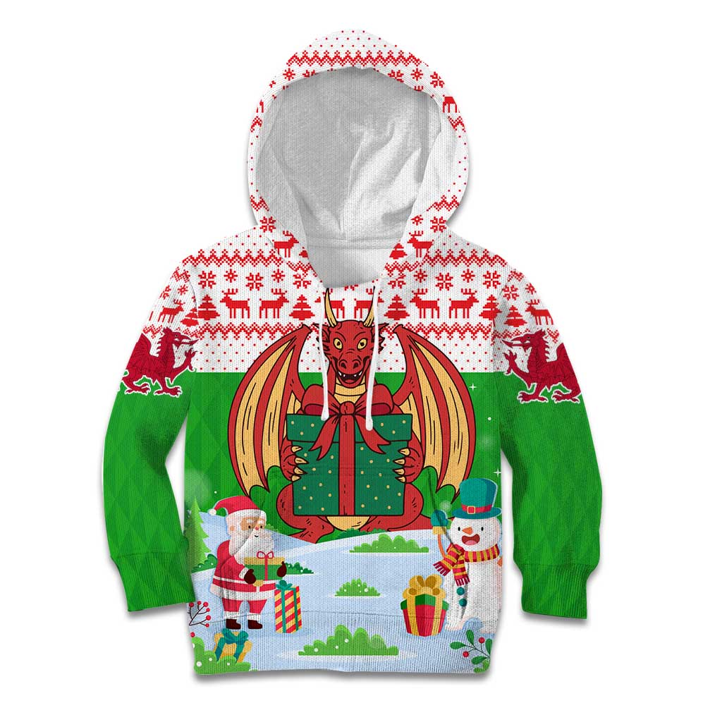 Wales Christmas Kid Hoodie with Red Dragon Gift and Holiday Crest Snow Scene - Wonder Print Shop