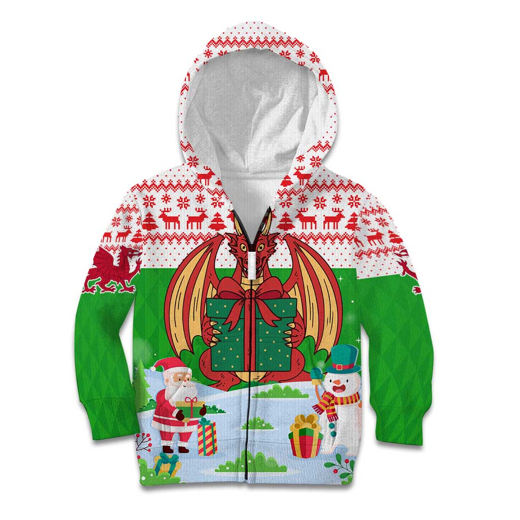Wales Christmas Kid Hoodie with Red Dragon Gift and Holiday Crest Snow Scene - Wonder Print Shop
