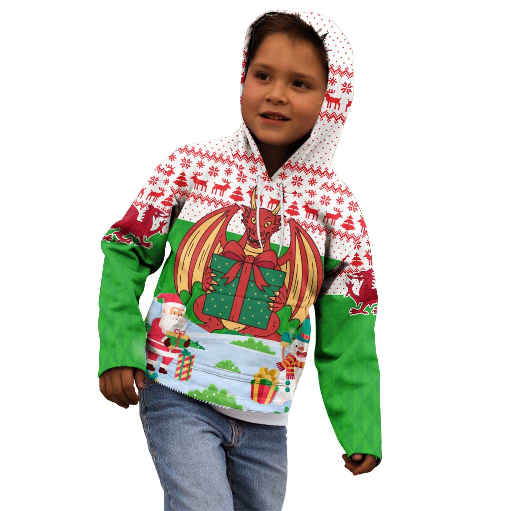 Wales Christmas Kid Hoodie with Red Dragon Gift and Holiday Crest Snow Scene - Wonder Print Shop