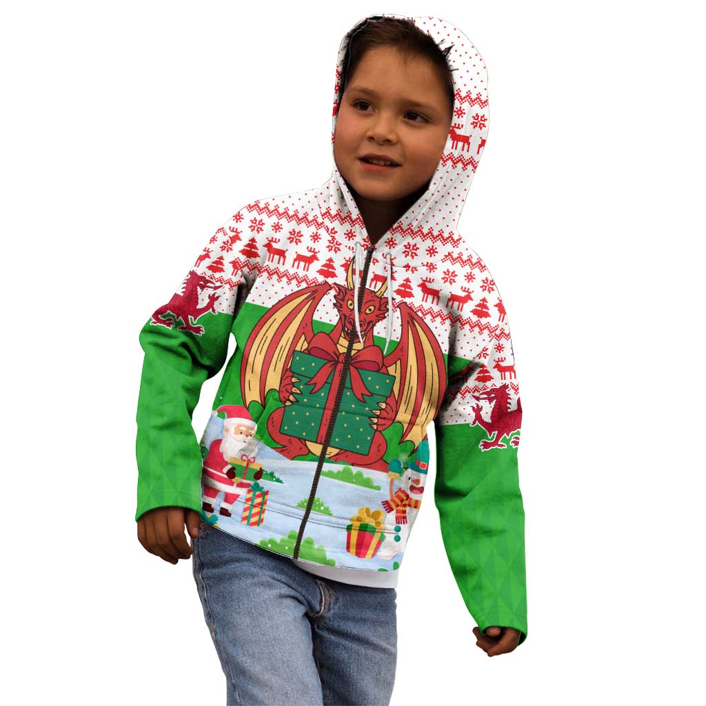 Wales Christmas Kid Hoodie with Red Dragon Gift and Holiday Crest Snow Scene - Wonder Print Shop