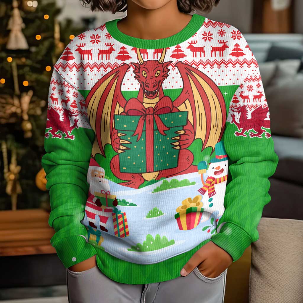 Wales Christmas Kid Ugly Christmas Sweater with Red Dragon Gift and Holiday Crest Snow Scene - Wonder Print Shop