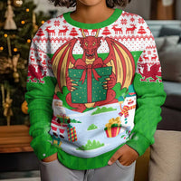 Wales Christmas Kid Ugly Christmas Sweater with Red Dragon Gift and Holiday Crest Snow Scene - Wonder Print Shop