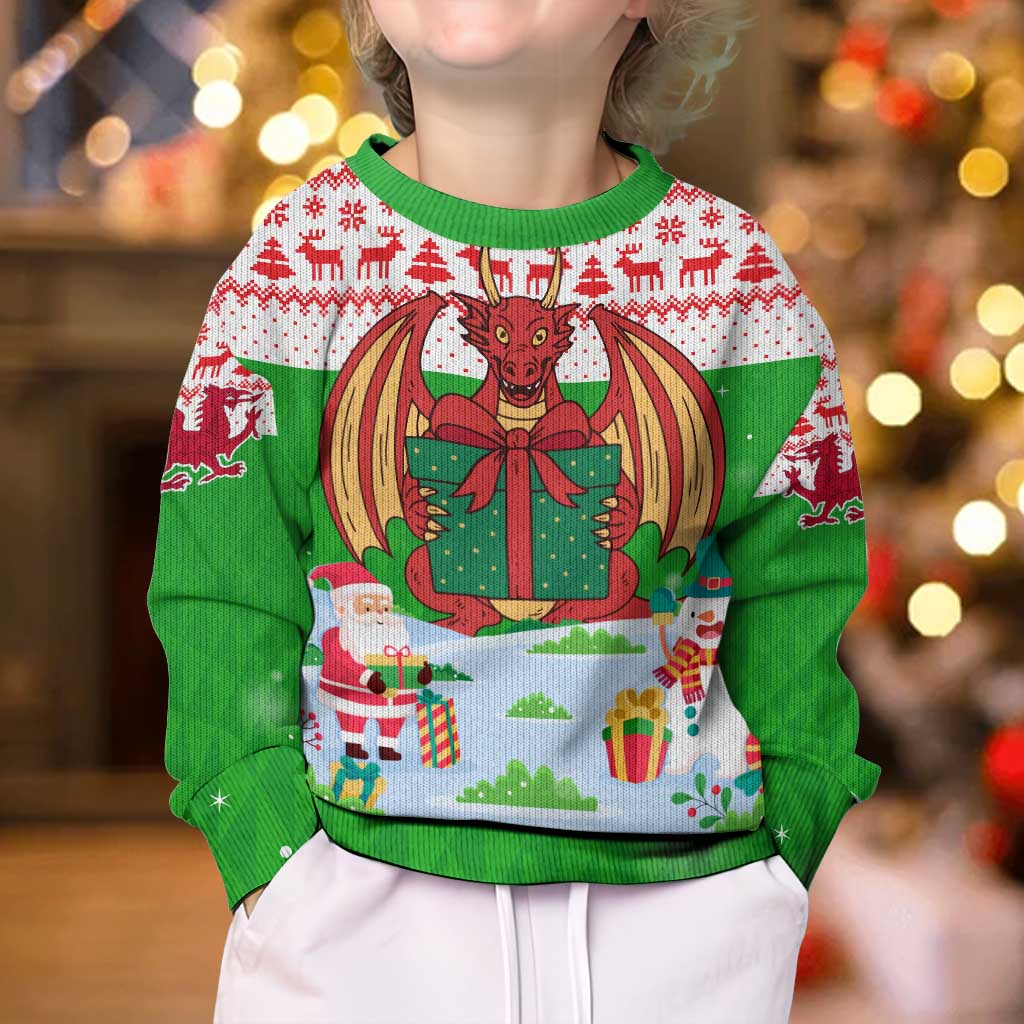 Wales Christmas Kid Ugly Christmas Sweater with Red Dragon Gift and Holiday Crest Snow Scene - Wonder Print Shop