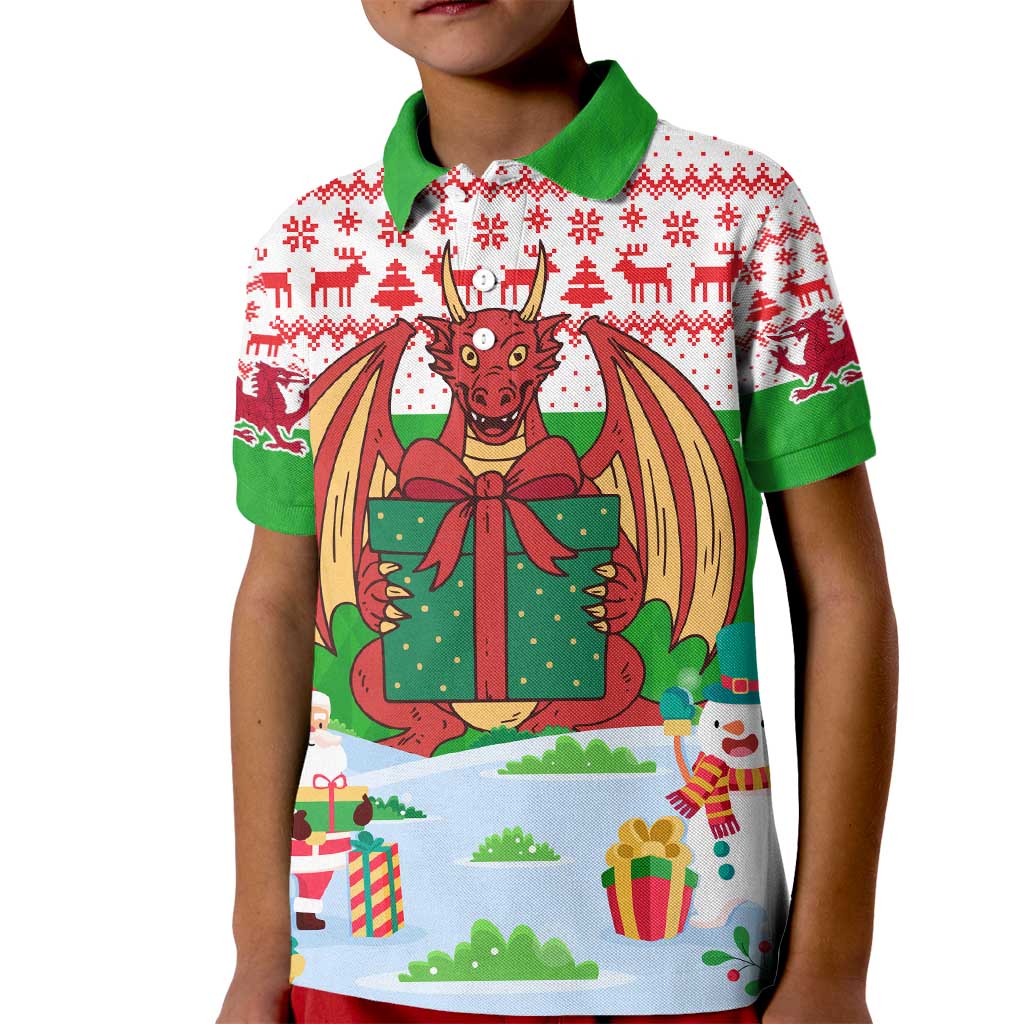 Wales Christmas Kid Polo Shirt with Red Dragon Gift and Holiday Crest Snow Scene - Wonder Print Shop