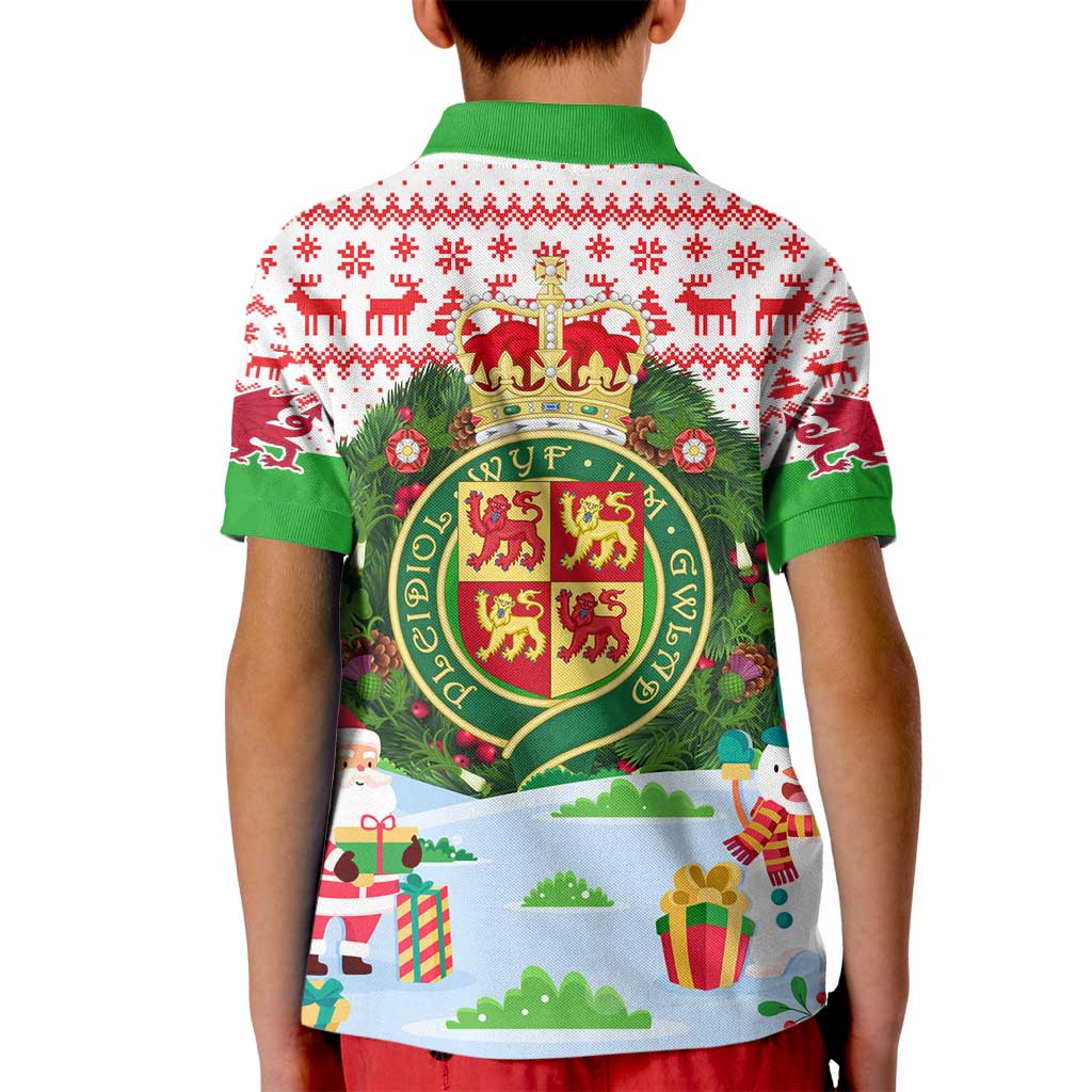 Wales Christmas Kid Polo Shirt with Red Dragon Gift and Holiday Crest Snow Scene - Wonder Print Shop