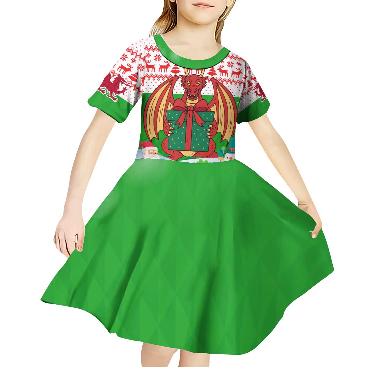 Wales Christmas Kid Short Sleeve Dress with Red Dragon Gift and Holiday Crest Snow Scene - Wonder Print Shop
