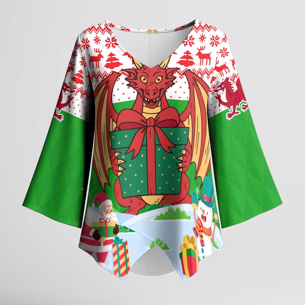 Wales Christmas Kimono Sleeve Blouse with Red Dragon Gift and Holiday Crest Snow Scene - Wonder Print Shop