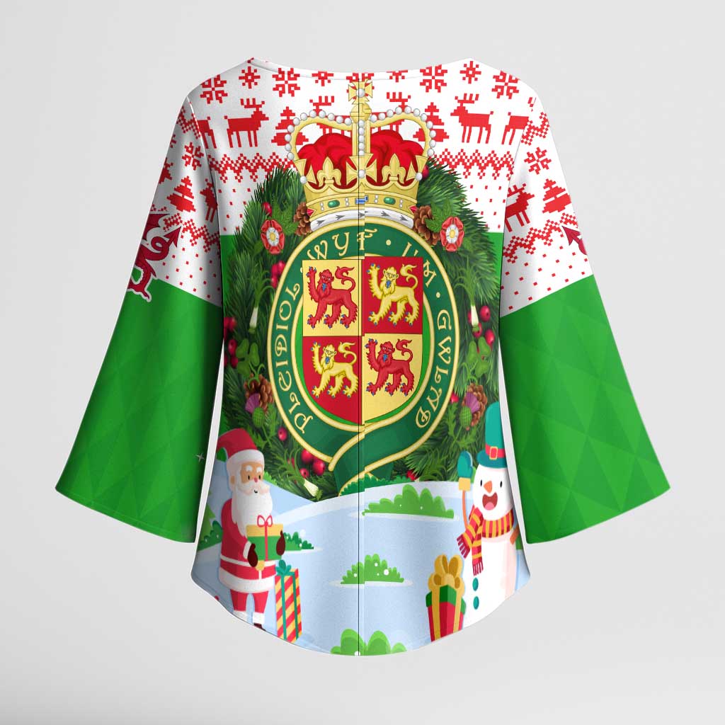 Wales Christmas Kimono Sleeve Blouse with Red Dragon Gift and Holiday Crest Snow Scene - Wonder Print Shop