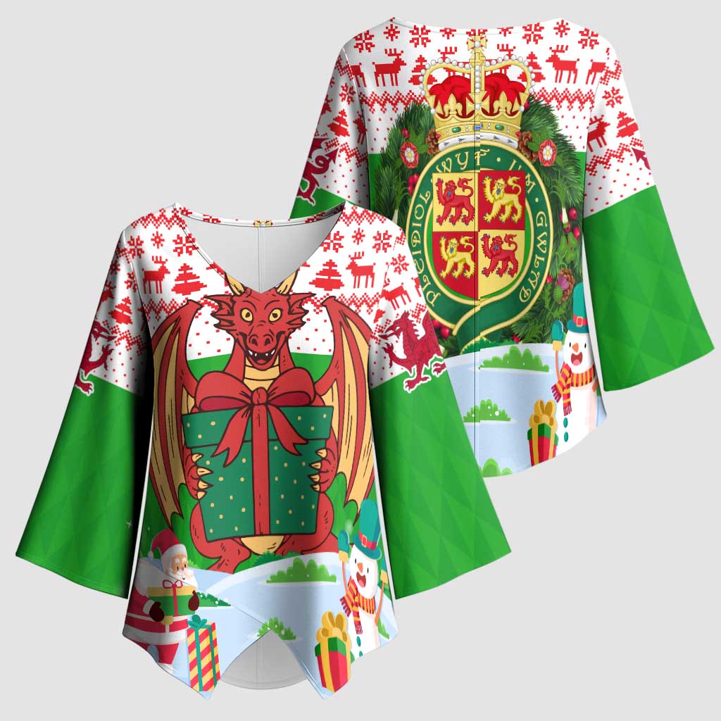 Wales Christmas Kimono Sleeve Blouse with Red Dragon Gift and Holiday Crest Snow Scene - Wonder Print Shop