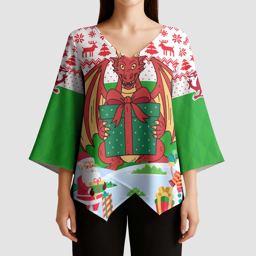 Wales Christmas Kimono Sleeve Blouse with Red Dragon Gift and Holiday Crest Snow Scene - Wonder Print Shop