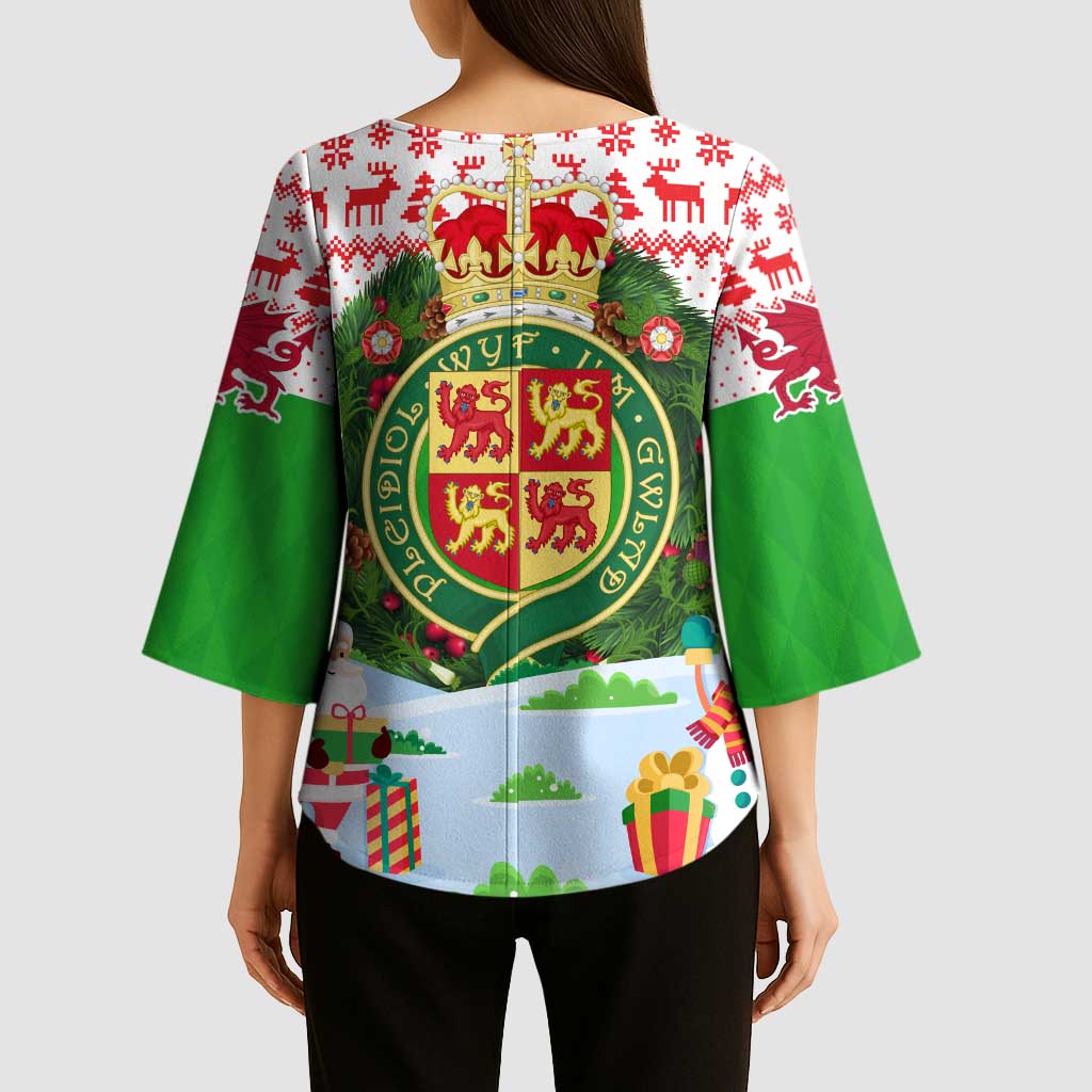 Wales Christmas Kimono Sleeve Blouse with Red Dragon Gift and Holiday Crest Snow Scene - Wonder Print Shop