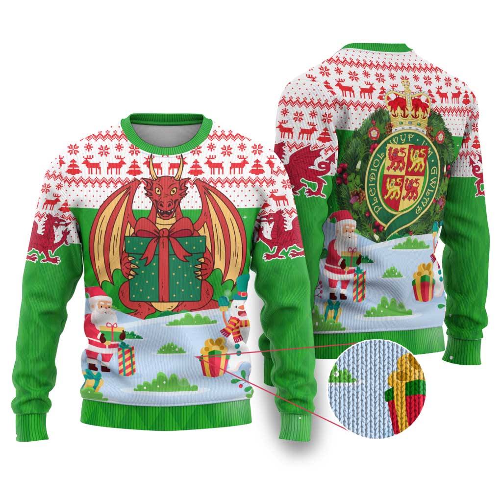 Wales Christmas Ugly Christmas Sweater with Red Dragon Gift and Holiday Crest Snow Scene - Wonder Print Shop