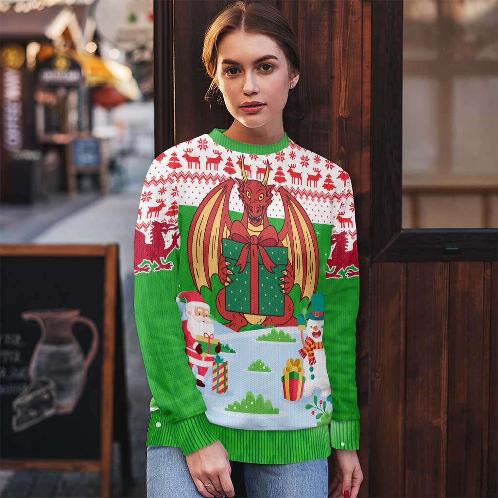 Wales Christmas Ugly Christmas Sweater with Red Dragon Gift and Holiday Crest Snow Scene - Wonder Print Shop