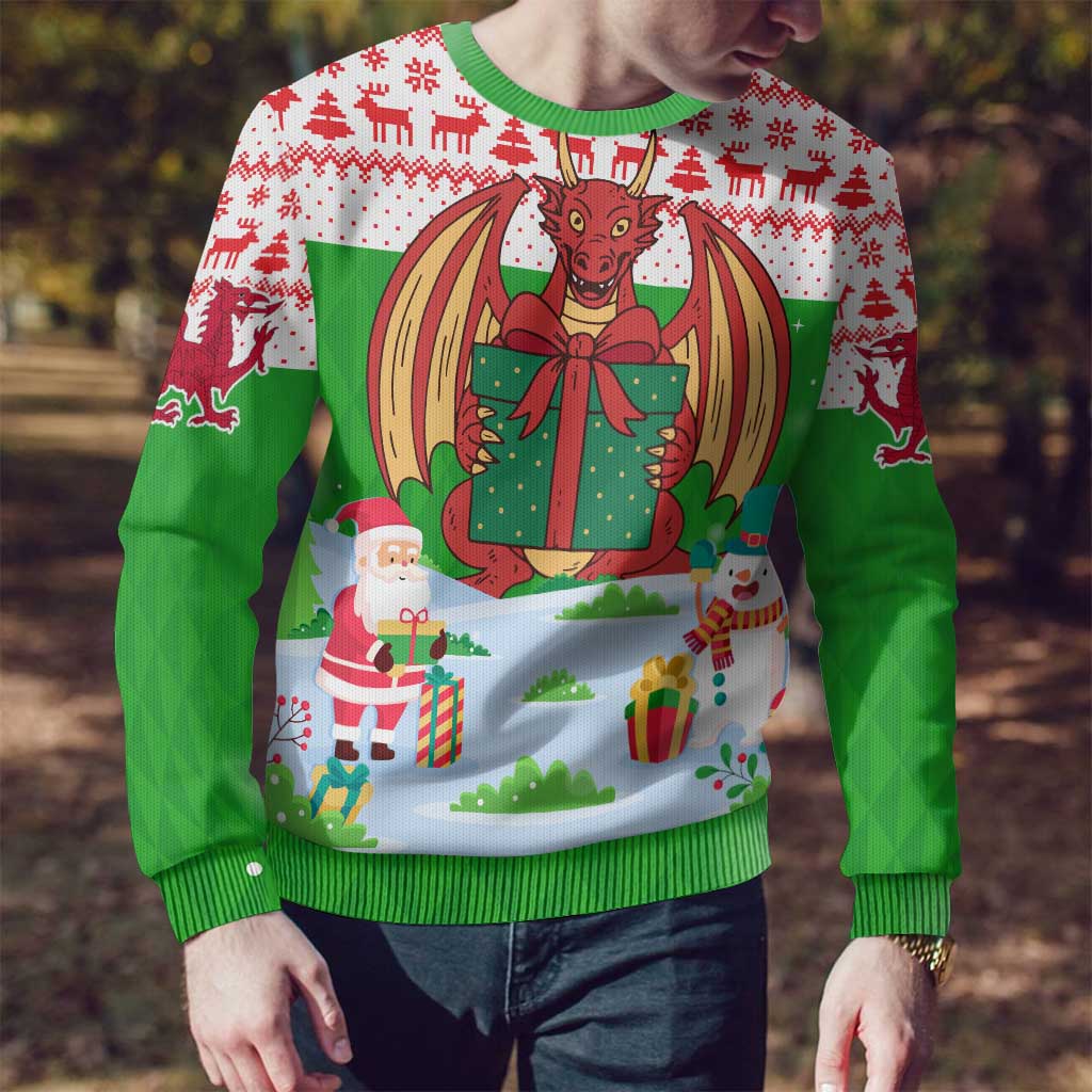 Wales Christmas Ugly Christmas Sweater with Red Dragon Gift and Holiday Crest Snow Scene - Wonder Print Shop