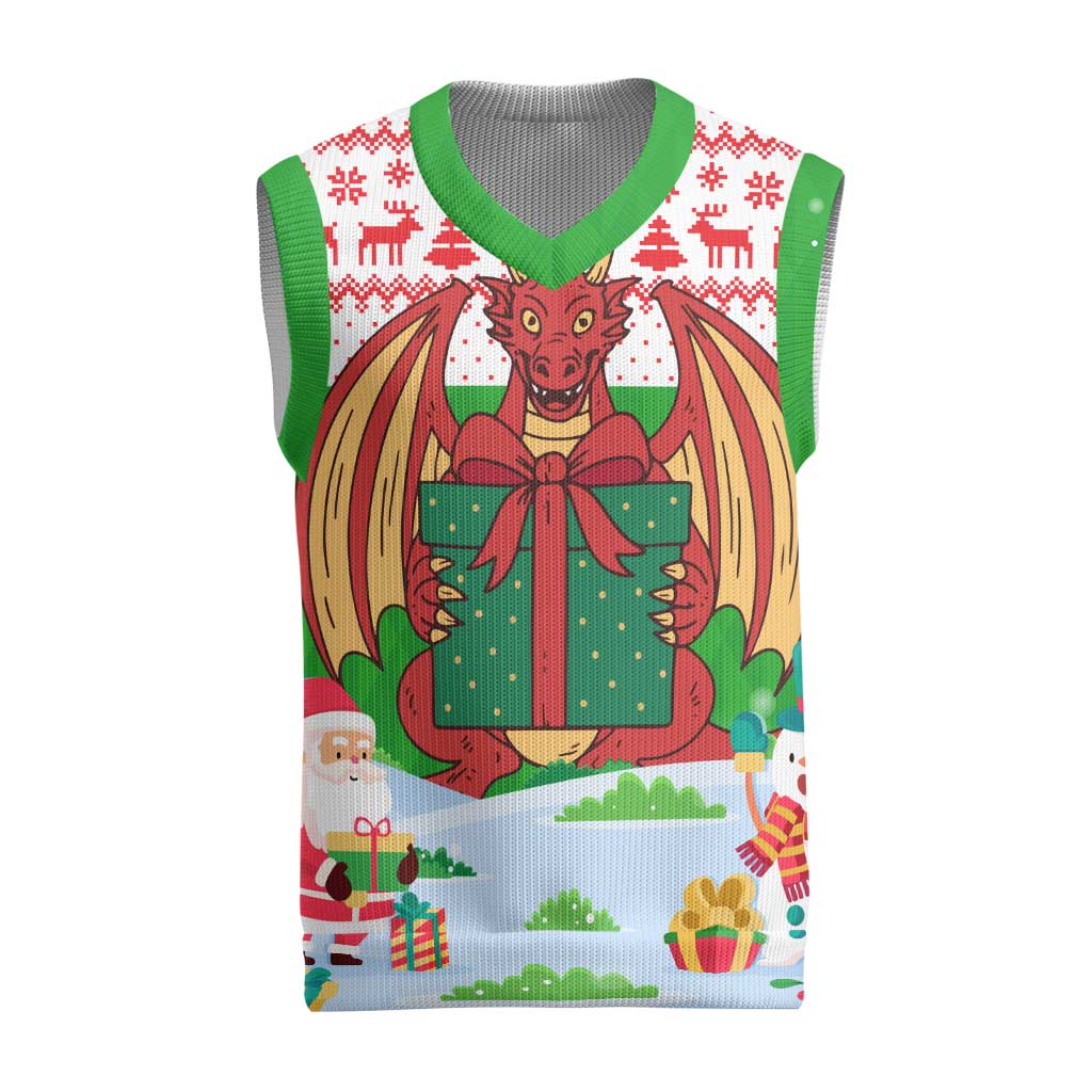 Wales Christmas Knitted V-Neck Vest with Red Dragon Gift and Holiday Crest Snow Scene - Wonder Print Shop