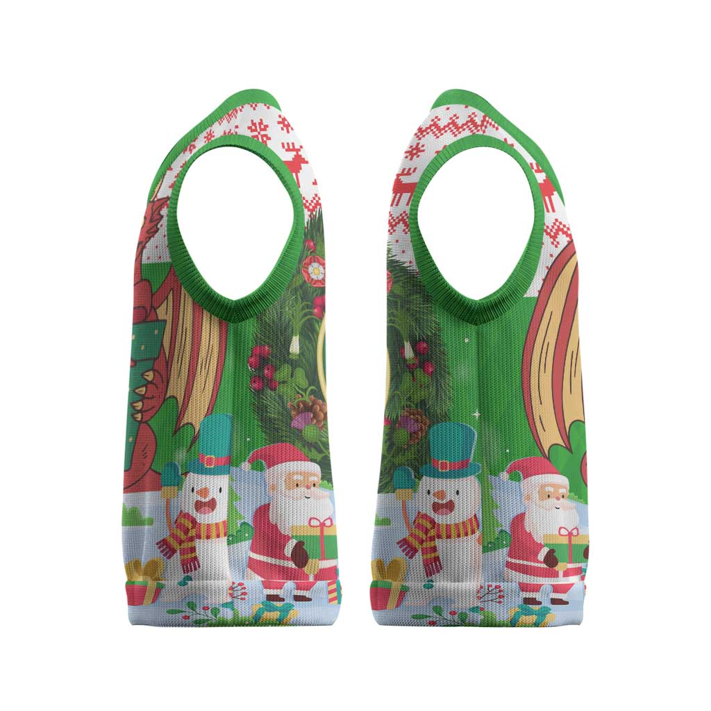 Wales Christmas Knitted V-Neck Vest with Red Dragon Gift and Holiday Crest Snow Scene - Wonder Print Shop