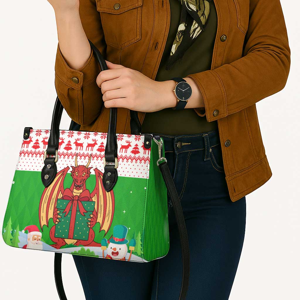 Wales Christmas Leather Bag with Red Dragon Gift and Holiday Crest Snow Scene - Wonder Print Shop