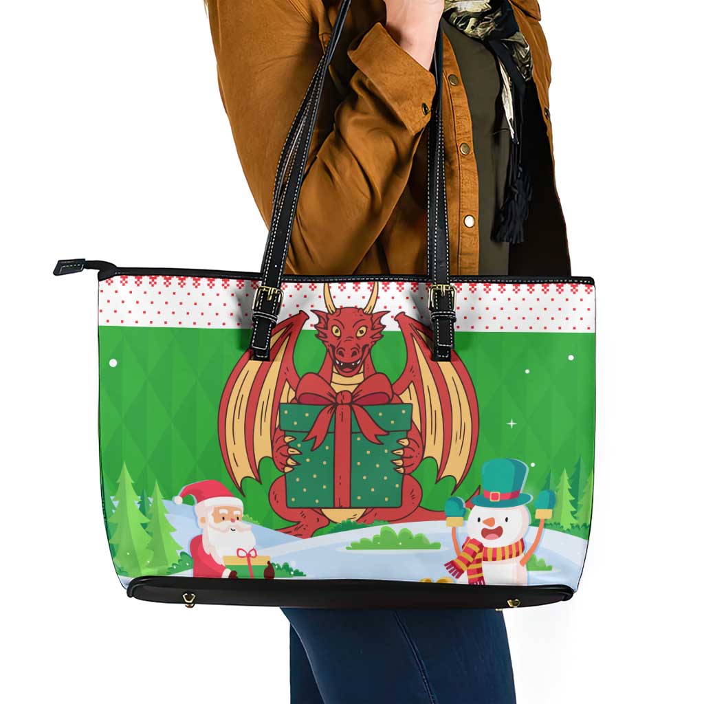 Wales Christmas Leather Tote Bag with Red Dragon Gift and Holiday Crest Snow Scene - Wonder Print Shop