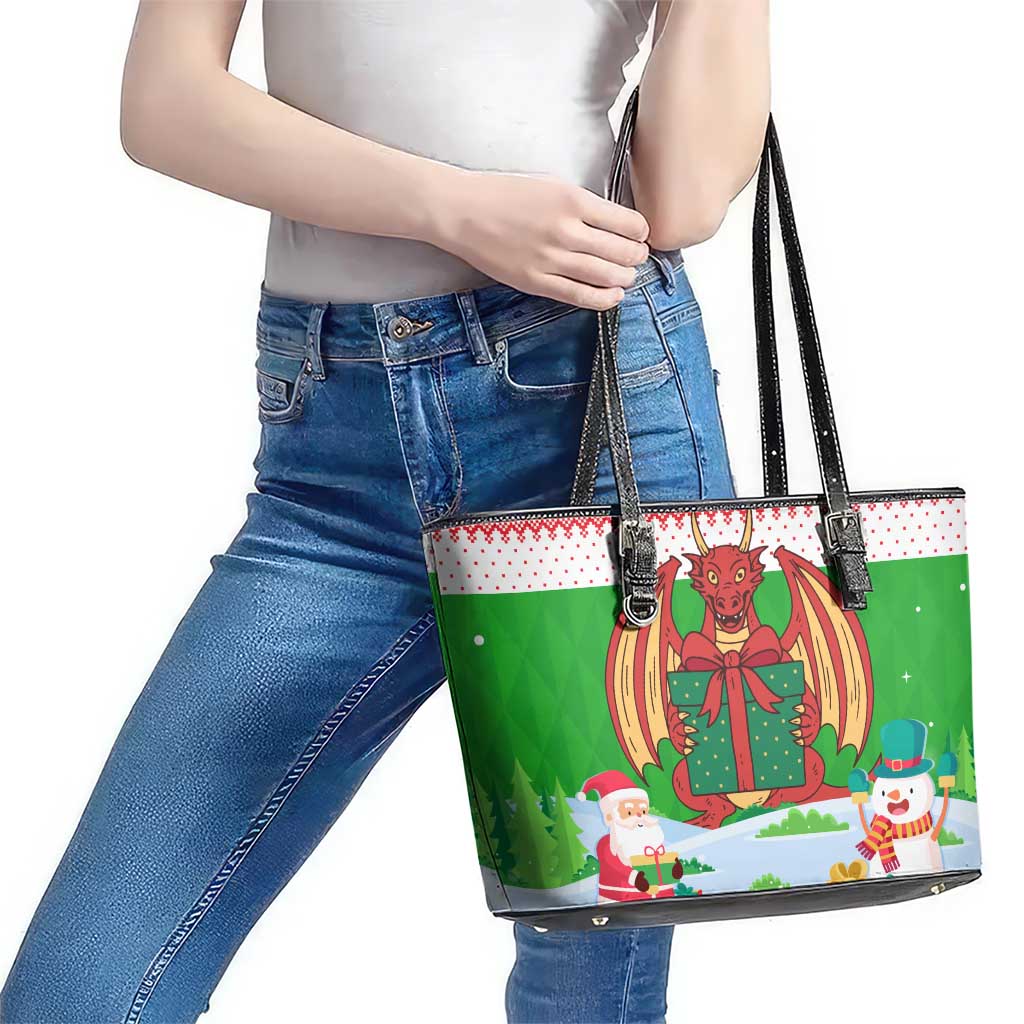 Wales Christmas Leather Tote Bag with Red Dragon Gift and Holiday Crest Snow Scene - Wonder Print Shop