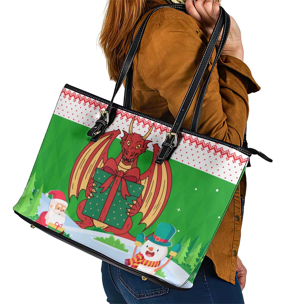 Wales Christmas Leather Tote Bag with Red Dragon Gift and Holiday Crest Snow Scene - Wonder Print Shop