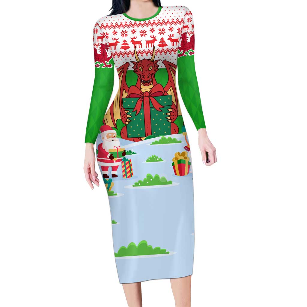 Wales Christmas Long Sleeve Bodycon Dress with Red Dragon Gift and Holiday Crest Snow Scene - Wonder Print Shop