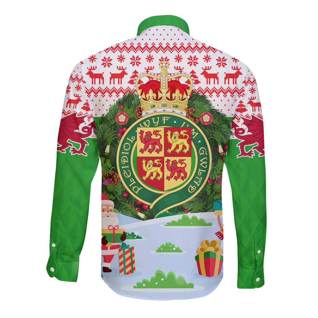 Wales Christmas Long Sleeve Button Shirt with Red Dragon Gift and Holiday Crest Snow Scene - Wonder Print Shop