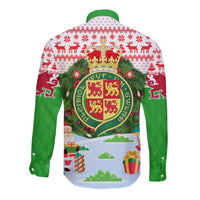 Wales Christmas Long Sleeve Button Shirt with Red Dragon Gift and Holiday Crest Snow Scene - Wonder Print Shop
