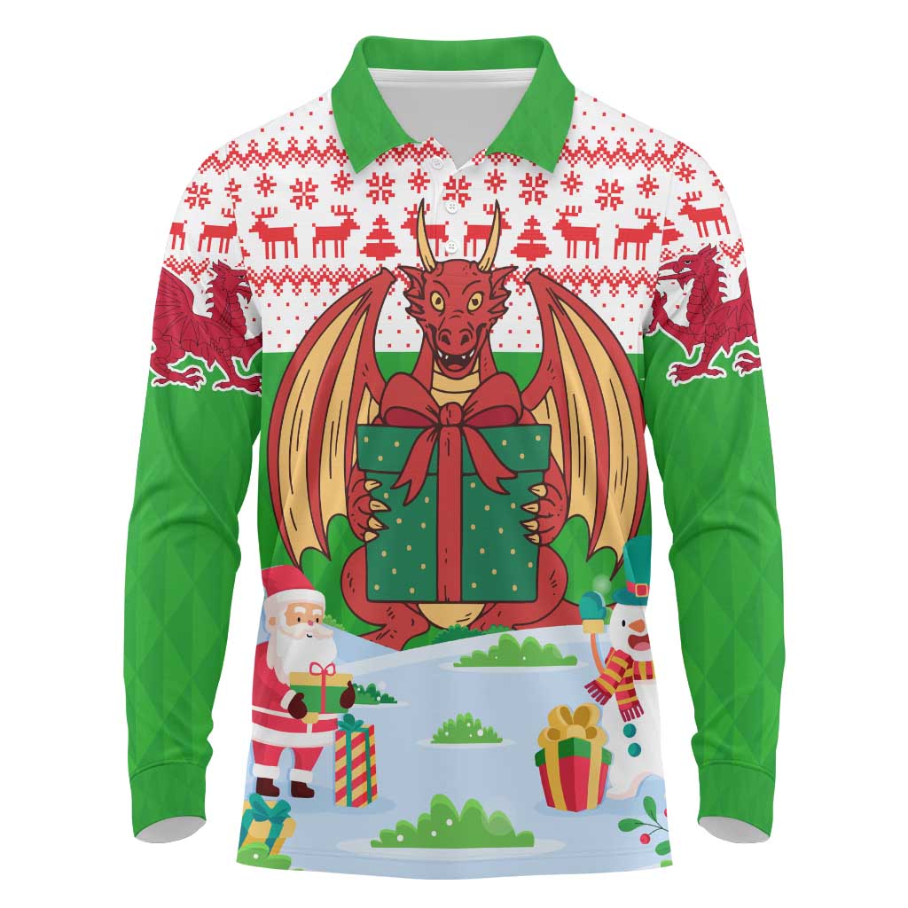 Wales Christmas Long Sleeve Polo Shirt with Red Dragon Gift and Holiday Crest Snow Scene - Wonder Print Shop