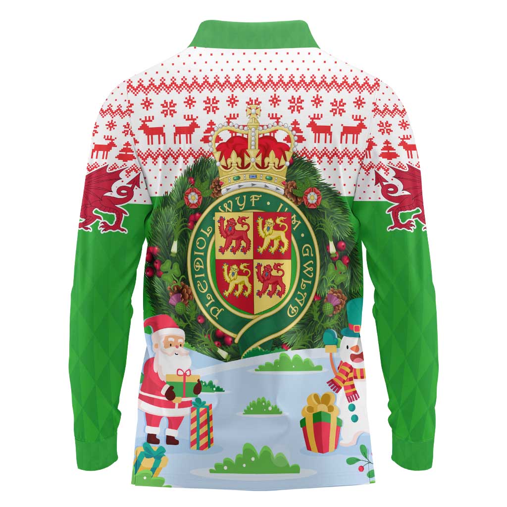 Wales Christmas Long Sleeve Polo Shirt with Red Dragon Gift and Holiday Crest Snow Scene - Wonder Print Shop
