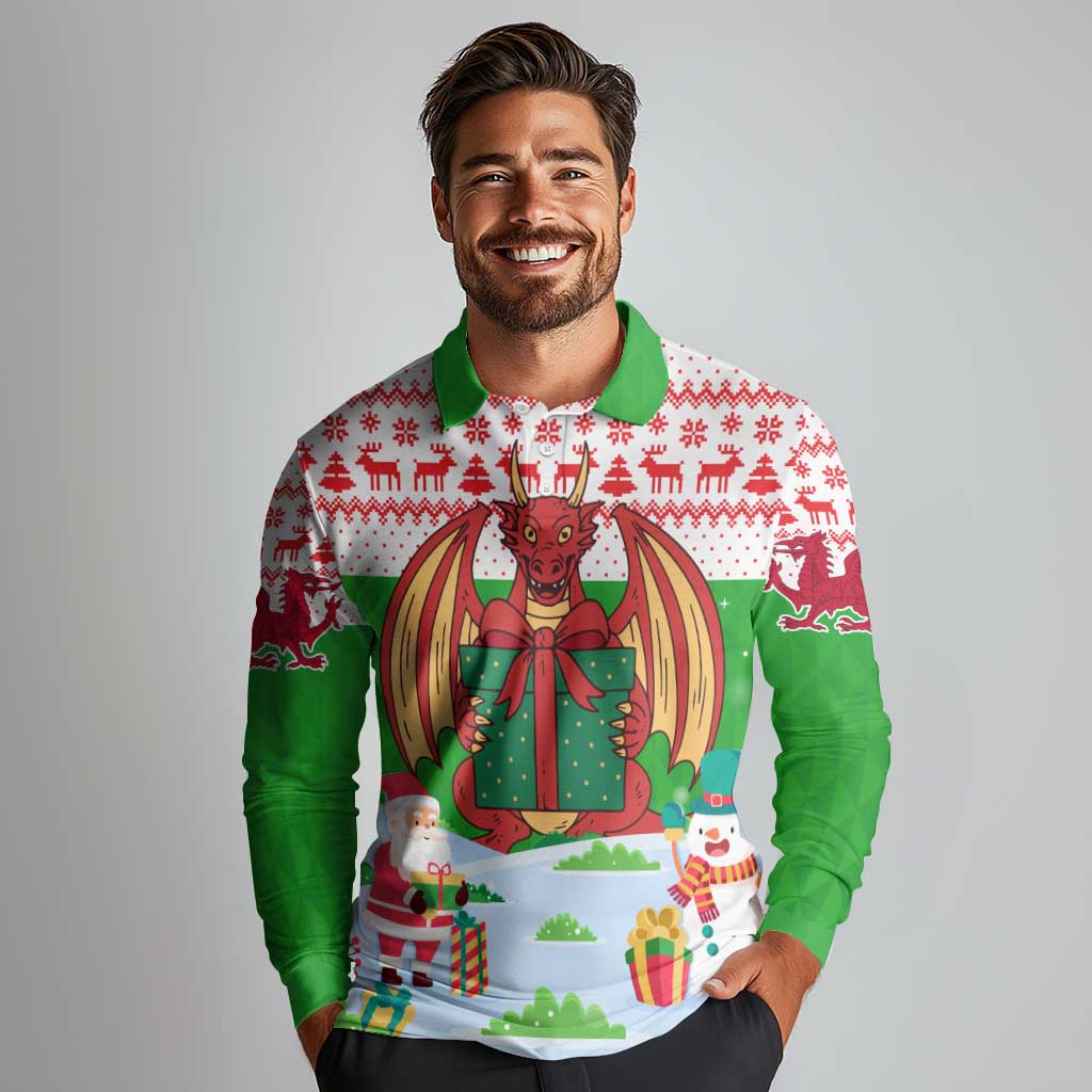 Wales Christmas Long Sleeve Polo Shirt with Red Dragon Gift and Holiday Crest Snow Scene - Wonder Print Shop