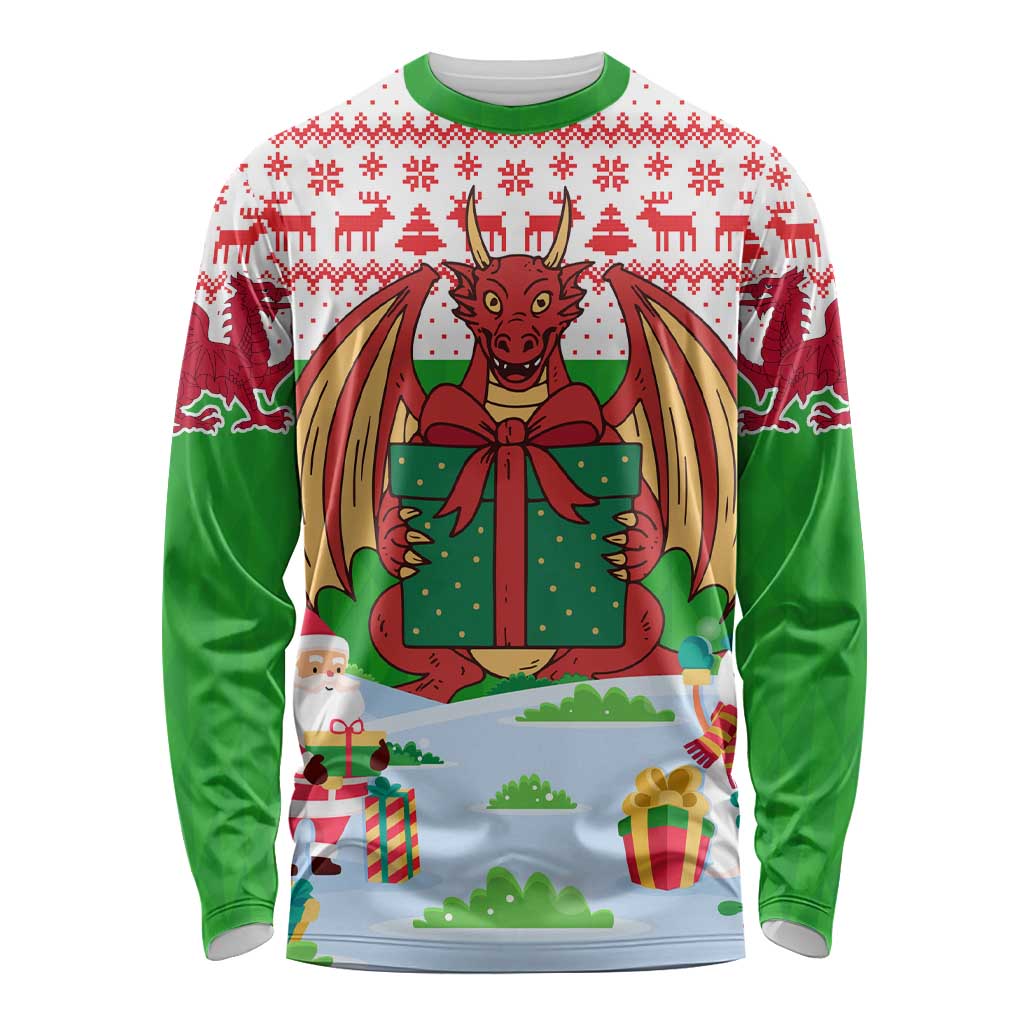 Wales Christmas Long Sleeve Shirt with Red Dragon Gift and Holiday Crest Snow Scene - Wonder Print Shop