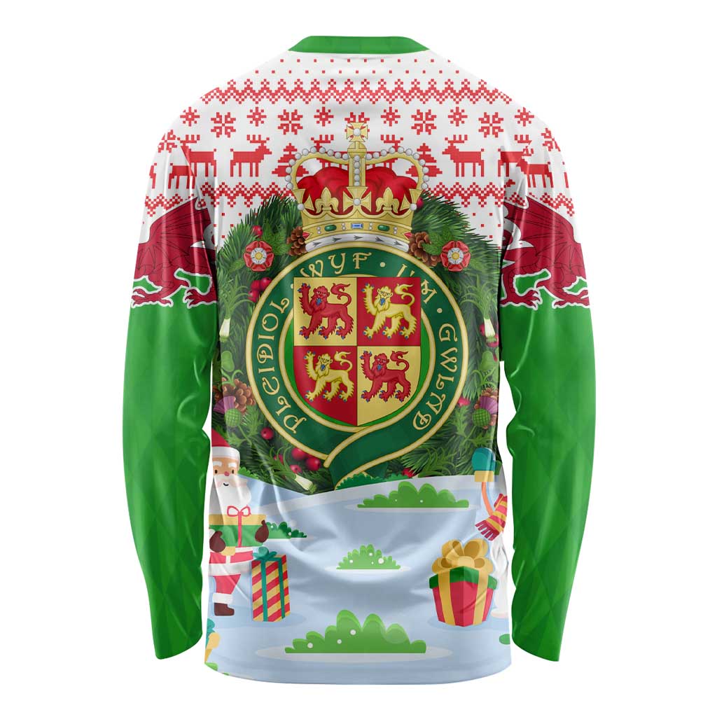 Wales Christmas Long Sleeve Shirt with Red Dragon Gift and Holiday Crest Snow Scene - Wonder Print Shop
