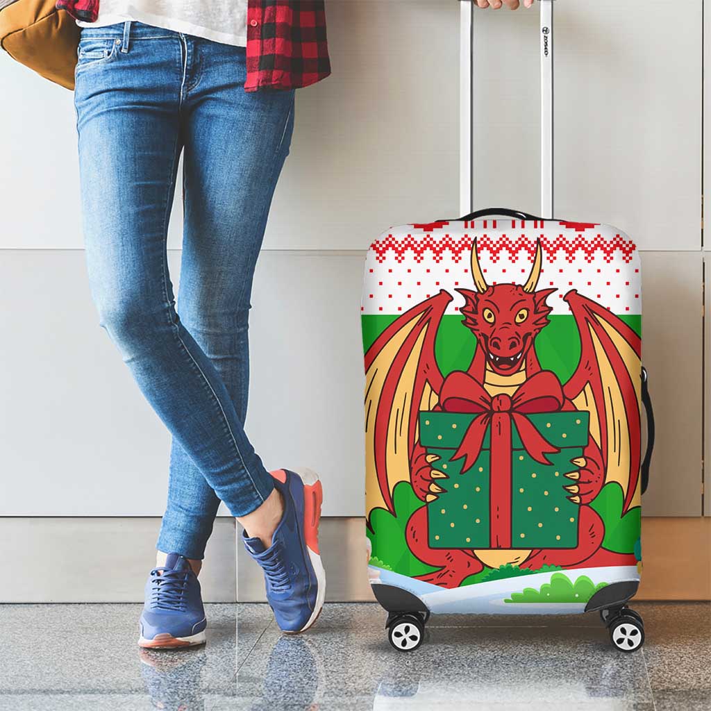 Wales Christmas Luggage Cover with Red Dragon Gift and Holiday Crest Snow Scene - Wonder Print Shop
