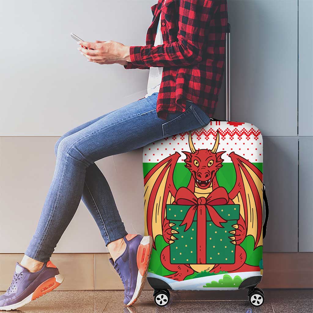 Wales Christmas Luggage Cover with Red Dragon Gift and Holiday Crest Snow Scene - Wonder Print Shop