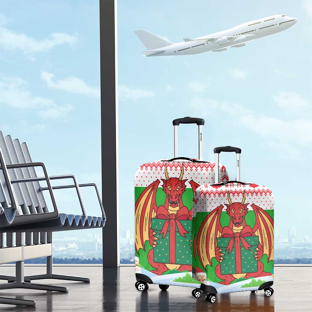 Wales Christmas Luggage Cover with Red Dragon Gift and Holiday Crest Snow Scene - Wonder Print Shop
