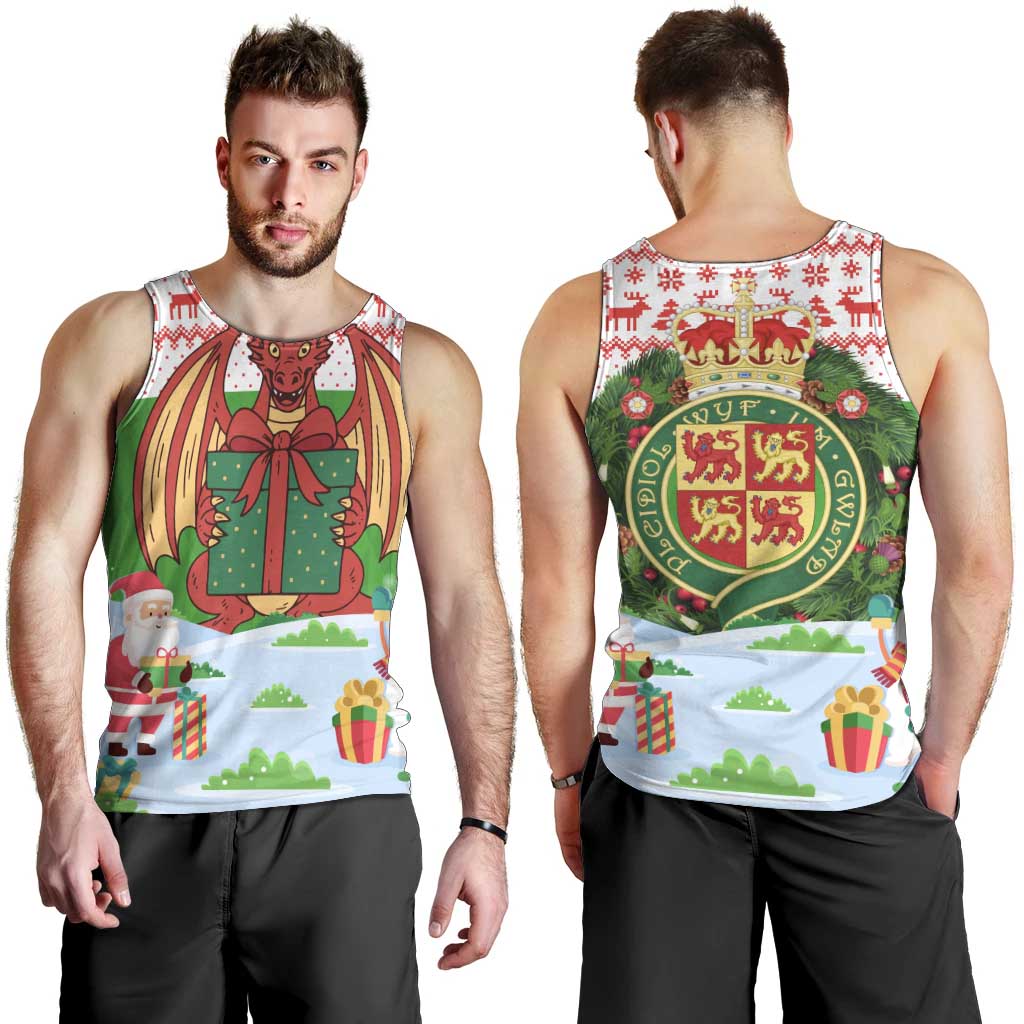 Wales Christmas Men Tank Top with Red Dragon Gift and Holiday Crest Snow Scene - Wonder Print Shop
