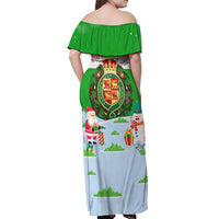 Wales Christmas Off Shoulder Maxi Dress with Red Dragon Gift and Holiday Crest Snow Scene - Wonder Print Shop