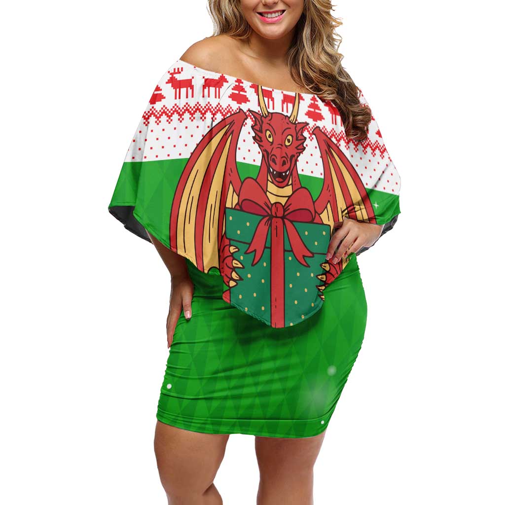 Wales Christmas Off Shoulder Short Dress with Red Dragon Gift and Holiday Crest Snow Scene - Wonder Print Shop