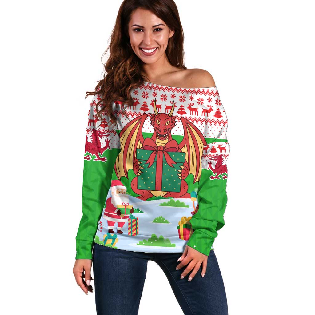Wales Christmas Off Shoulder Sweater with Red Dragon Gift and Holiday Crest Snow Scene - Wonder Print Shop
