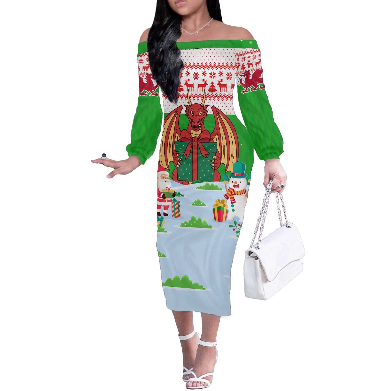 Wales Christmas Off The Shoulder Long Sleeve Dress with Red Dragon Gift and Holiday Crest Snow Scene - Wonder Print Shop