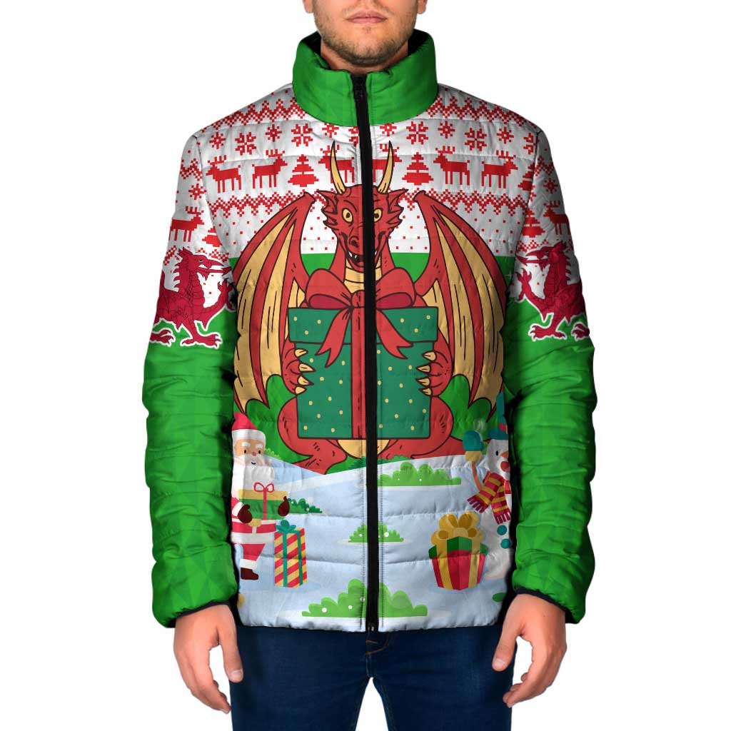 Wales Christmas Padded Jacket with Red Dragon Gift and Holiday Crest Snow Scene - Wonder Print Shop
