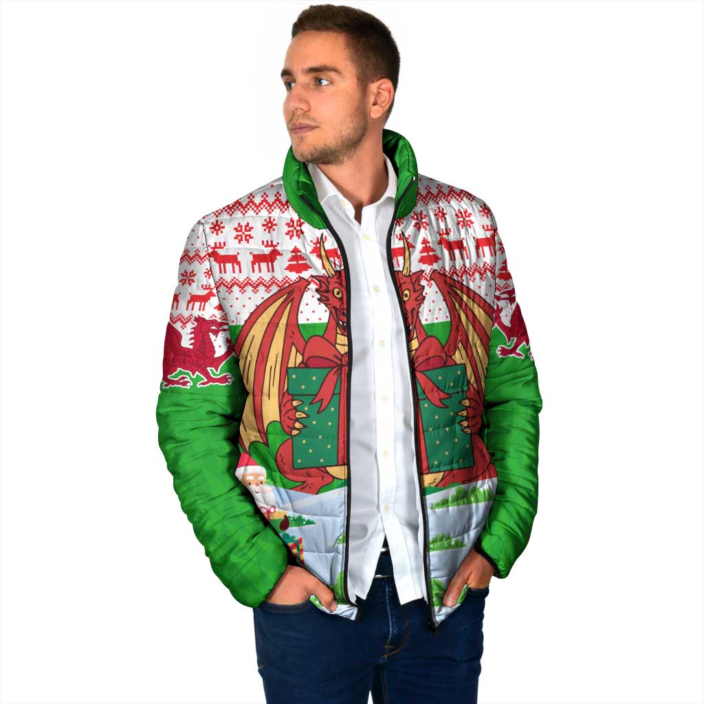 Wales Christmas Padded Jacket with Red Dragon Gift and Holiday Crest Snow Scene - Wonder Print Shop