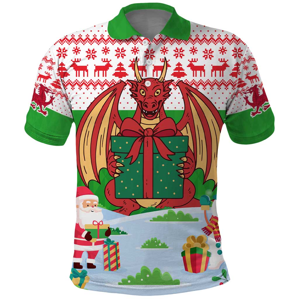Wales Christmas Polo Shirt with Red Dragon Gift and Holiday Crest Snow Scene - Wonder Print Shop