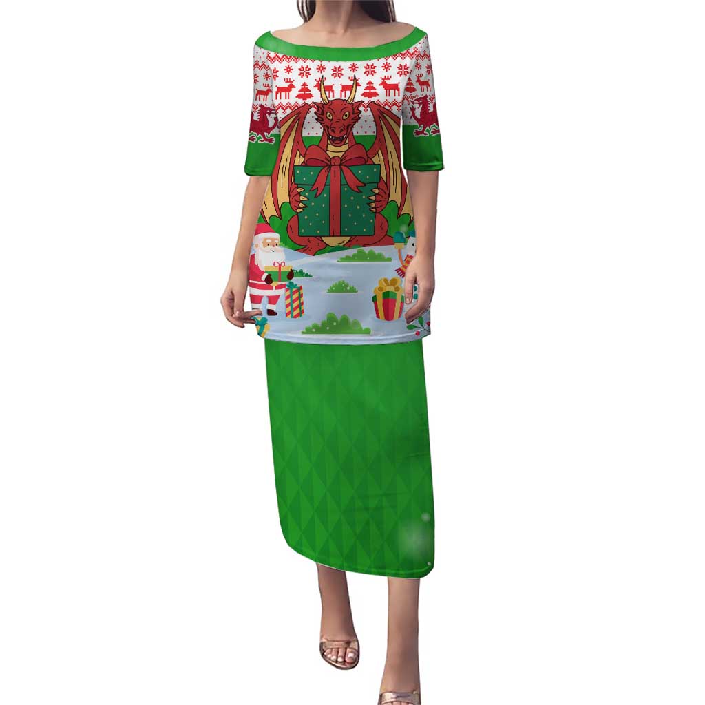 Wales Christmas Puletasi with Red Dragon Gift and Holiday Crest Snow Scene - Wonder Print Shop