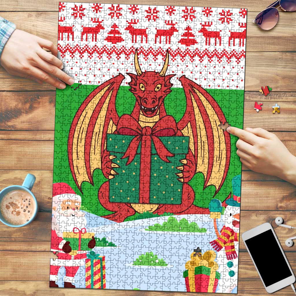 Wales Christmas Puzzle with Red Dragon Gift and Holiday Crest Snow Scene - Wonder Print Shop