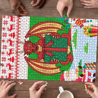 Wales Christmas Puzzle with Red Dragon Gift and Holiday Crest Snow Scene - Wonder Print Shop